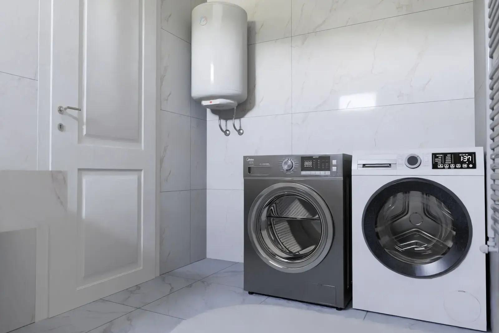 Laundry room with a washer, dryer and wall-mounted water heater